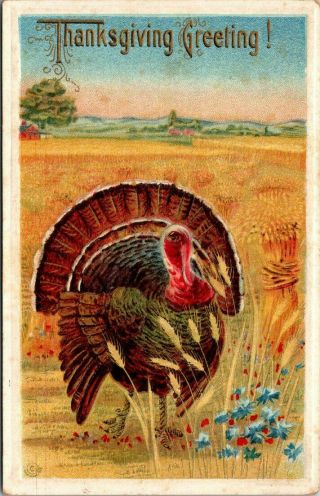 Vintage Postcard Thanksgiving Greetings Embossed Gold Medal Art