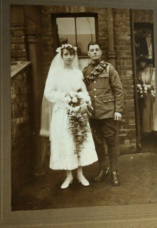 WW1 photo on card Artillery soldier @ wedding wearing 37th Div Formation Sign 2