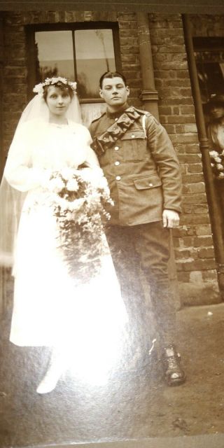 WW1 photo on card Artillery soldier @ wedding wearing 37th Div Formation Sign 3