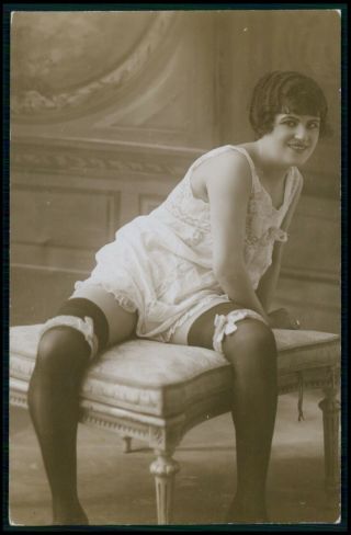 French Risque Woman Lingerie & Open Legs Vintage 1920s Photo Postcard