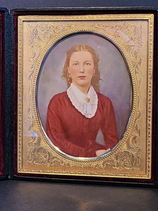 1/2 Plate Size Colored Picture Young Woman In Frame - Has Matching Tintype Listed