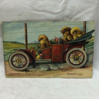 Vintage Embossed Postcard Easter Greetings Chicks Antique Car Scene 1910