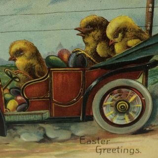 Vintage Embossed Postcard Easter Greetings Chicks Antique Car Scene 1910 3