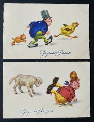 Vintage Easter Fantasy Postcards (2) Cute Egg People,  Egg - Shaped Dog Series 2476