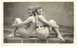 Vintage Real Photo Postcard Rppc Girls Modeling Swimsuits 1930’s