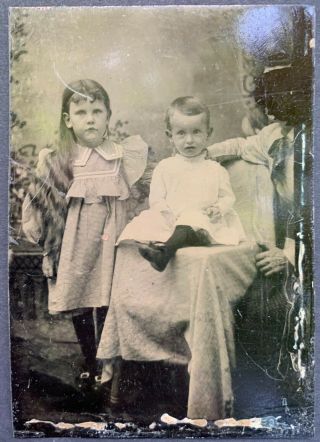 1860s Antique Tintype Photograph " Hidden Mother " Disembodied Hands Dour Children
