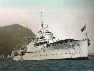 COLOUR PHOTO HMS BIRMINGHAM HONG KONG CHINA STATION HARBOUR DEC 1938 ROYAL NAVY 2