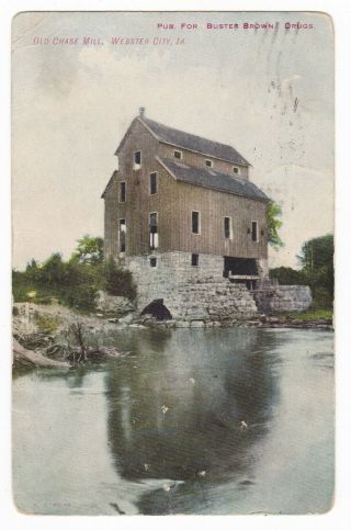 1907 Webster City Ia Old Chase Mill Pond Vintage Postcard Iowa Buster Brown Drug