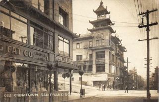 Rppc Chinatown,  San Francisco,  Ca Street Scene Sing Fat C1920s Vintage Postcard