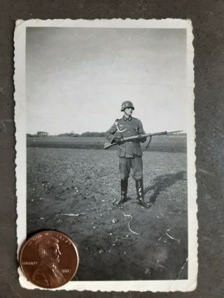 Ww2 German Army Wehrmacht Photo,  Soldier With Helmet,  Rifle,  Bayonet.