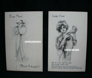 2 Old Leap Year Postcards Victorian Lady In Fancy Dress Artist Sketched