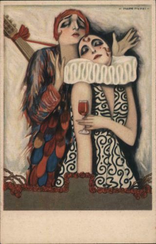 Giovanni Nanni Deco Fancily Dressed Couple With Glass Of Wine Postcard Vintage