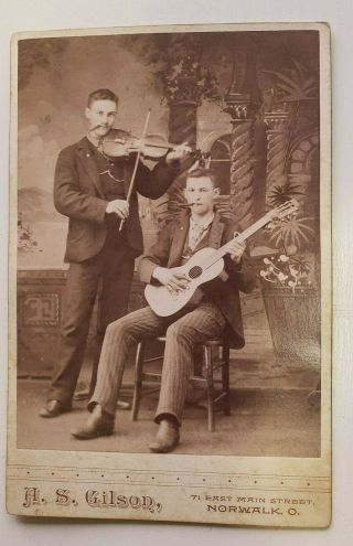 Antique Cabinet Card Photo 2 Men Cigar Violin Guitar A.  S.  Gilson Norwalk Oh