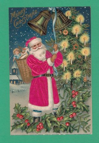 Vintage Silk Christmas Postcard Santa Claus Bell Tree Candles Snow Holly Toys