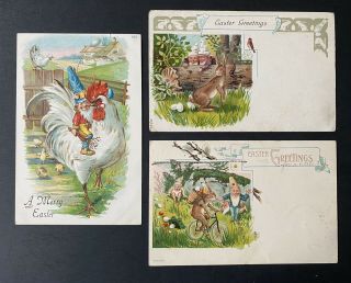 Vintage Easter Postcards (3) Dwarfs: One Rides Rooster,  Bunny On Bike,  Eggs