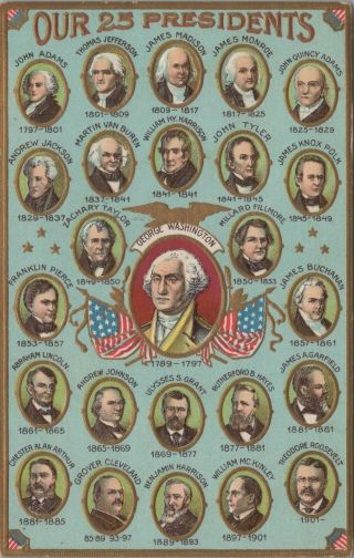 Our 25 Presidents George Washington John Adams Usa Divided Back Vintage Postcard