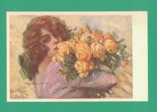 Vintage T.  Corbella Art Deco Postcard Lady Yellow Roses