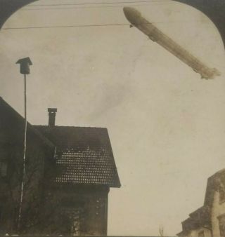 World War One Photograph Of Zeppelin Over German Town,  Keystone Stereoview,  Ww1
