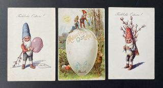 Vintage Easter Postcards (3) Dwarfs,  Large Egg,  Pussy Willows Unusual
