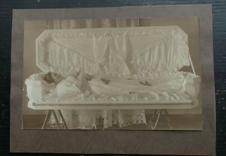 Antique Post Mortem Photo Deceased Dead Young Lady Woman Girl White Coffin Gown