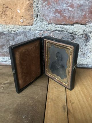 Antique Tin Type Photograph In Miniature Wood Case With Velvet Lining 3 " X2.  5 "