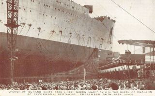 Vtg Launch Cunard White Star Lines Queen Mary Clydebank,  Scotland Rppc