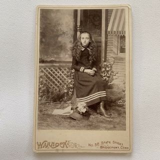 Antique Cabinet Card Studio Photo Girl Hat Book House Bridgeport Ct