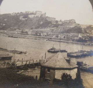Antique World War 1 Photo Of Us.  Flag Flying Over The Rhine River,  Stereoview