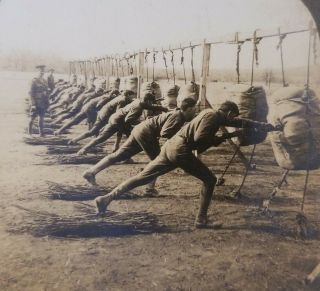 Antique World War 1 Photo Of Us Soldiers Bayonet Practice,  Stereoview