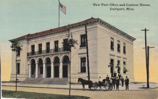 Old Vintage Gulfport Ms Postcard Post Office And Custom House - Horse Cart