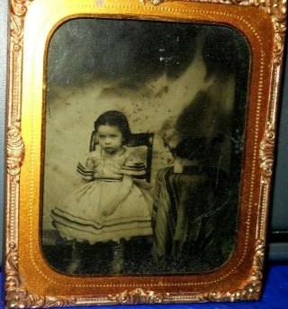 1/6th Size Ambrotype Of Girl And Dog (stuffed?) In Brass Frame/mat