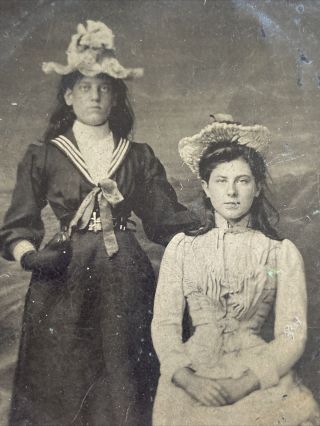 Victorian Tintype Photo Two Women In Hats & Dresses 8x7cm