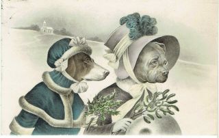 Artist Old Postcard Anthropomorphic Pug Dog & Terrier In Victorian Clothes 1916