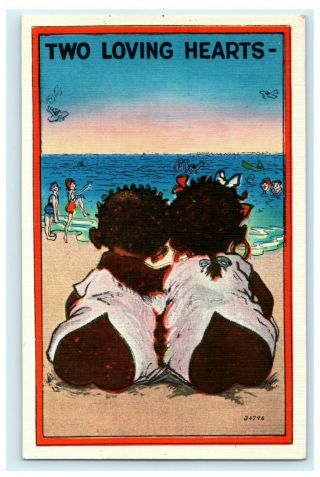 Two Loving Hearts Black Americana Butts Vintage Antique Postcard