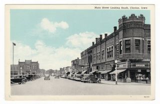 C1930 Clarion Iowa Main Street Old Cars Drug Store Vintage Postcard Ia Coca Cola