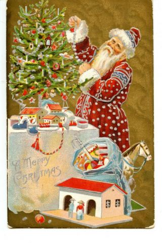 Santa Claus - St Nick Decorates Tree - Toys - Vintage Christmas Holiday Postcard