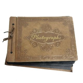 Antique Leather Bound Photo Album With 7 Photos 7 X 10 Brown Scrapbook