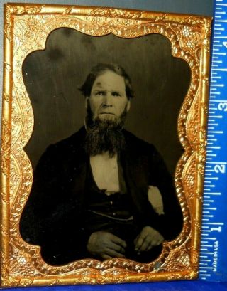 Very Sharp Quarter Plate Ambrotype Of Man In Heavy Brass Mat And Frame