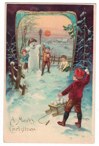 Christmas Vtg Pc Snowman Children Throwing Snowballs Gold Gilt Emboss Germany