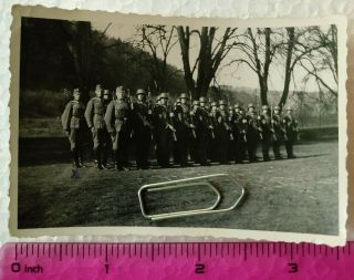 029 Ww2 Orig.  Photo German Officers Soldiers Helmets Rifles Lineup 2.  5 X 3.  5 In