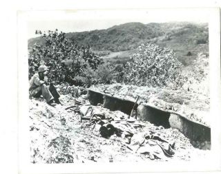Ww2 Photo - Us Soldier Sitting Outside Captured Japanese Bunker