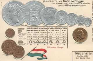 Vintage Netherlands Embossed Copper Silver & Gold Coins Postcard -
