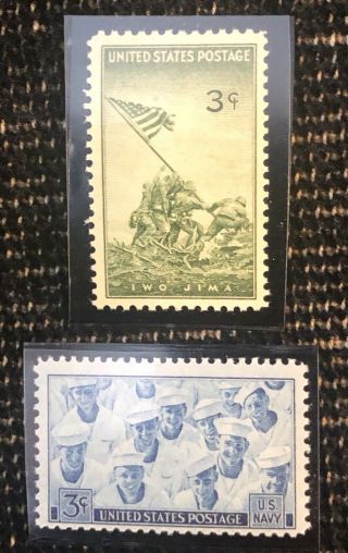 Vintage Ww2 Us Stamps Honoring Marines Flag Raising Iwo Jima & Us Navy
