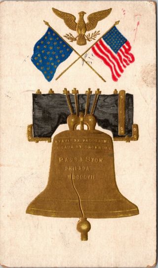 Vintage 1907 Patriotic Liberty Bell,  46 - Star American Flag,  Patriot Postcard
