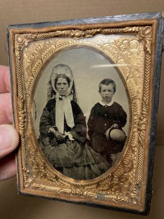 Large Size Antique Tintype Vintage Photo Mother And Son Civil War Era 2