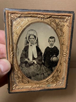Large Size Antique Tintype Vintage Photo Mother And Son Civil War Era 3