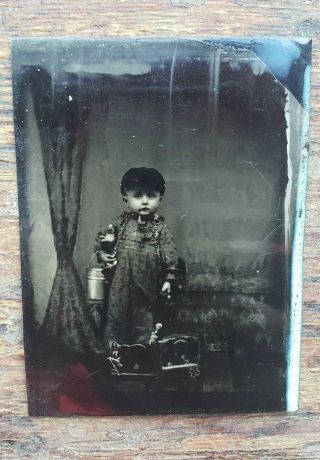 Antique Tintype Photograph Tin Type Child With Lunch Pail & Animal