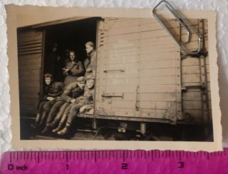 081 Ww2 Orig.  Photo German Soldiers Train Text On Wagon Sign 2.  5 X 3.  5 Inch