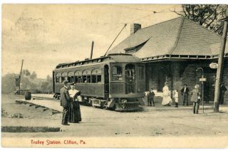 Old Clifton Pa Trolley Station Heights Delaware County Postcard