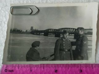 135 Ww2 Orig.  Photo German Soldiers Coats Belt Bridge 2.  5 X 3.  5 Inch